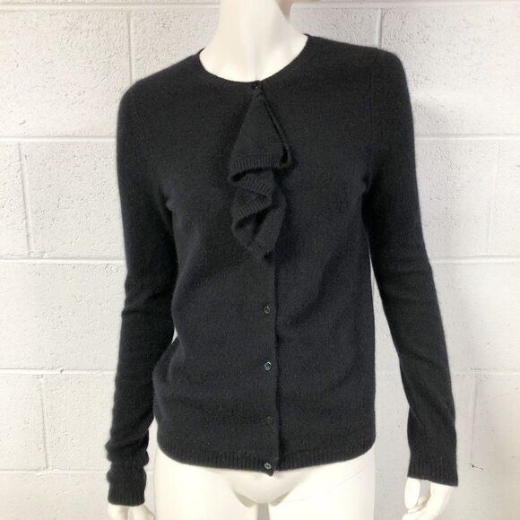 Womens Sutton Cashmere Black 100% Cashmere Cardigan Sweater Ruffle Detail Size M - Picture 1 of 5
